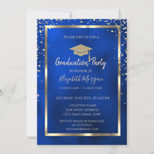 Convite Brilhantes Diamantes Dourados Grad Cap Azul Metáli