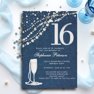 Convite Brilhantes Pérolas Champanhe Denim EleganteSweet