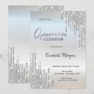 Convite Brilhantes Pingos de Glitter Prata Quinceañera