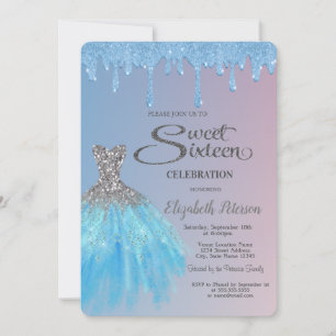 Convite Brilhantes respingos azuis, vestido azul Sweet 16