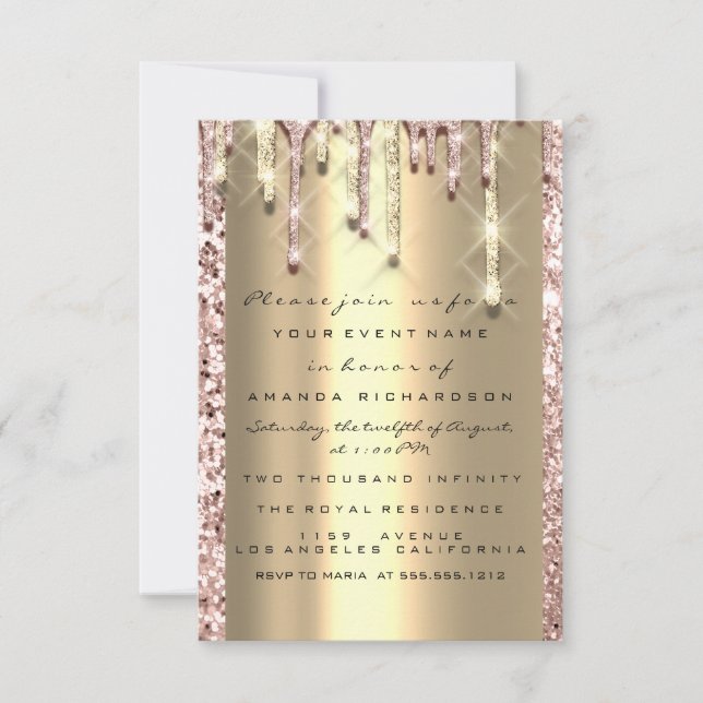 Convite Brilho 3D Drips Rosa Noiva Doce 16º Dourado (Frente)