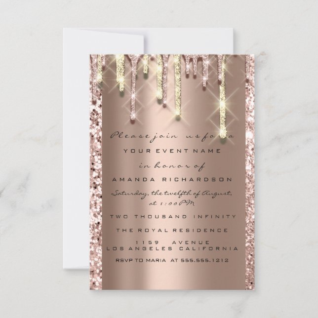 Convite Brilho 3D Drips Rosa Noiva Doce 16º Sparkly (Frente)