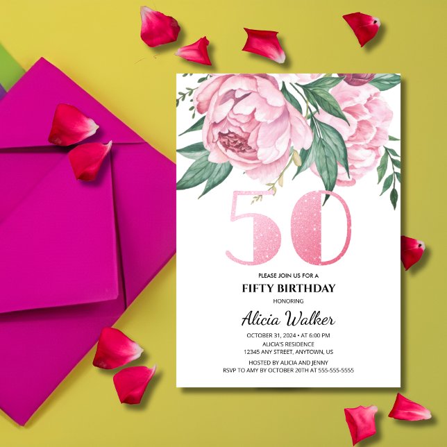 Convite Brilho 50º Peônia Rosa Flora Verde Aniversário (Criador carregado)