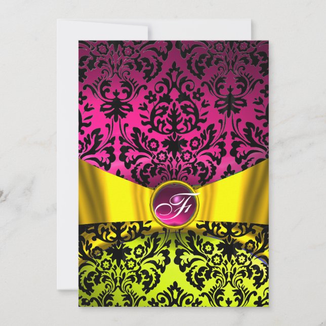 CONVITE BRILHO AMARELO FUCHSIA BLACK DAMASK MONOGRAMA (Frente)