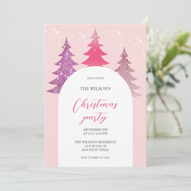 Convite Brilho Artístico Natal Rosa Pink  (Em pé/Frente)