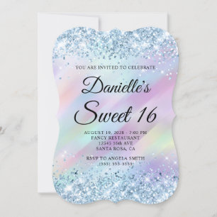 Convite Brilho Azul Claro Aqua Roxo Holográfico Sweet 16