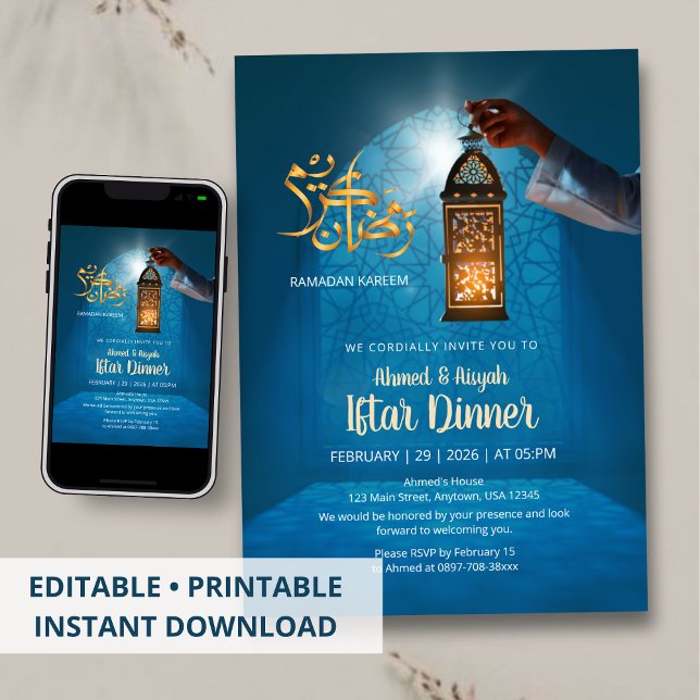Convite Brilho Azul Ramadan com Lanterna Dourada Iftar (Criador carregado)