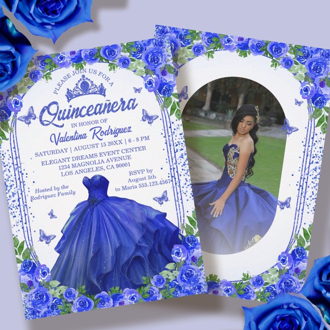 Convite Brilho Azul Real Floral Brilho Quinceanera (Blue Glitter Floral Sparkle Quinceanera Invitation)