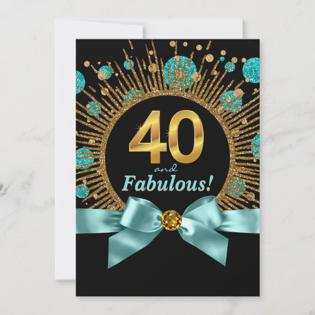 Convite Brilho Azul Turquesa e Dourado Aniversário de 40 a (Frente)