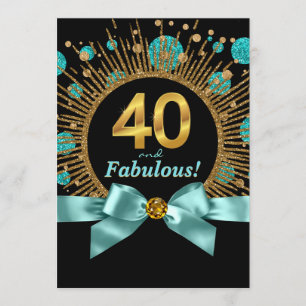 Convite Brilho Azul Turquesa e Dourado Aniversário de 40 a