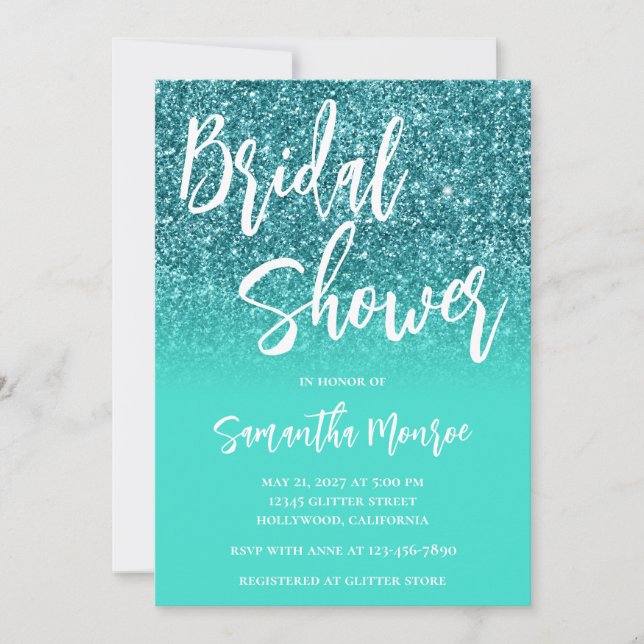 Convite Brilho Azul Verde Claro Turquesa Brilho Casamento  (Frente)