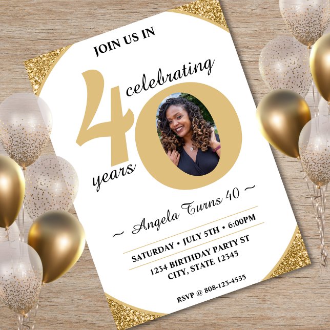 Convite Brilho Branco e Dourado 40 Anos 50 Anos aniversári (White & Gold Glitter 40 Fifty Years 40th Birthday Invitation)