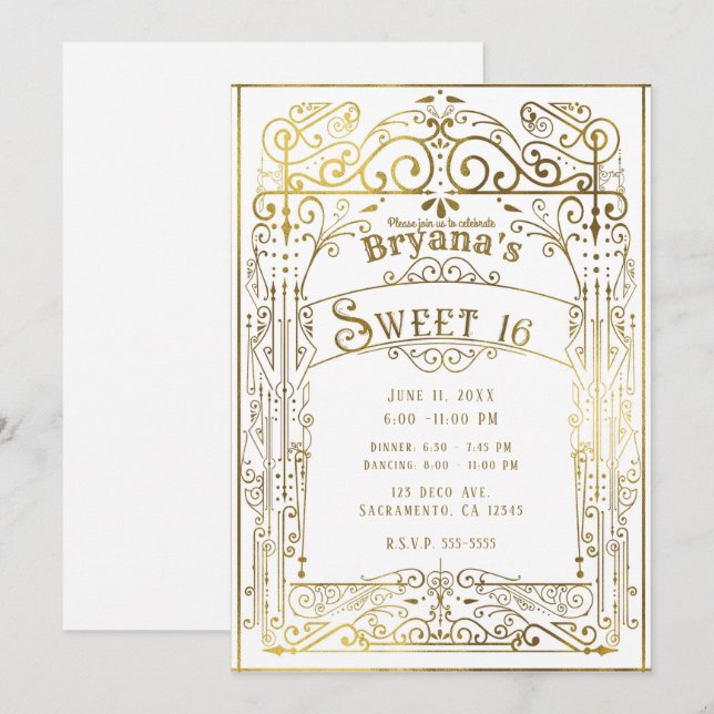Convite Brilho Branco e Dourado Deco Vitoriano Antigo Doce (Frente/Verso)