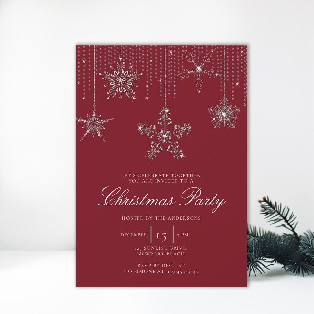 Convite Brilho Branco Vermelho Dobra Flocos de Neve Natal (red white christmas party invitation sparkles glitter snowflakes calligraphy elegant modern)