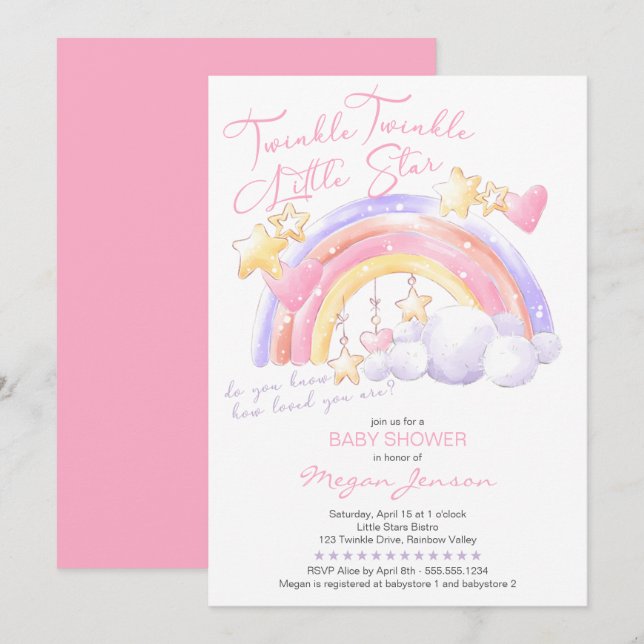 Convite Brilho Brilho Arco-íris Fofo Rosa Chuvada de Bebê  (Frente/Verso)