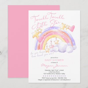 Convite Brilho Brilho Arco-íris Fofo Rosa Chuvada de Bebê