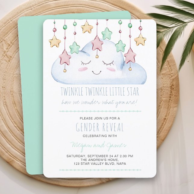 Convite Brilho Brilho Estrela e Nuvem Verde Revelação de G (Green Gender Reveal Invitation from my Twinkle Twinkle baby shower collection)