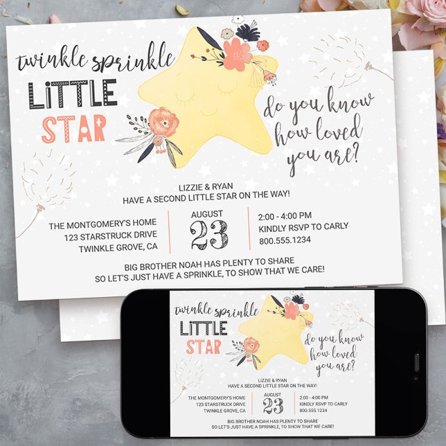 Convite Brilho Brilho Floral Estrela Bebê Sprinkle (twinkle twinkle little star baby sprinkle invitation - message me to create additional templates)