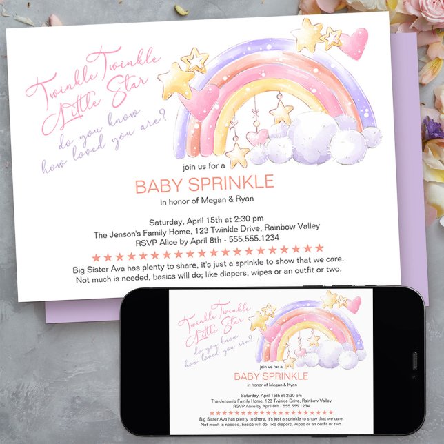 Convite Brilho Brilho Lindo Arco-Íris Bebê Sprinkle (twinkle twinkle little star baby sprinkle invitation - message me to create additional templates)