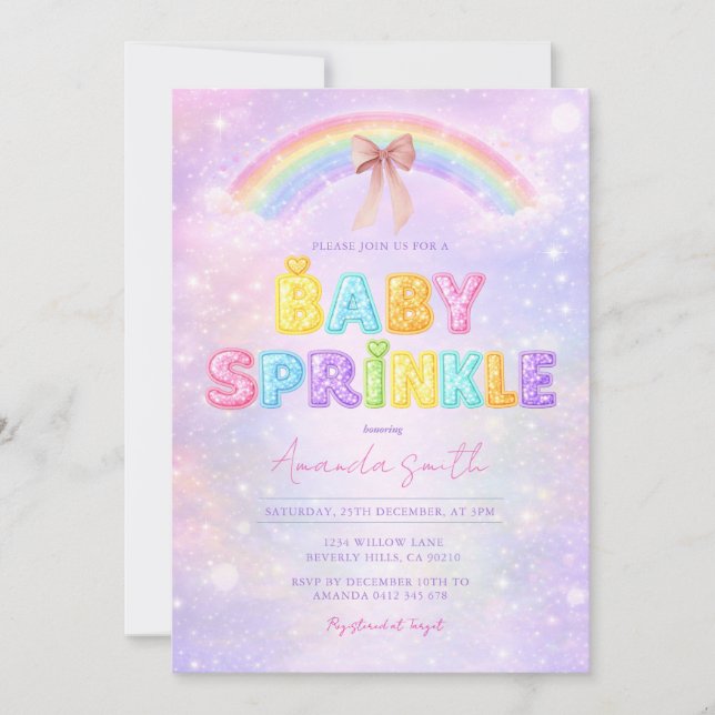 Convite Brilho Brilho pastel arco-íris baby sprinkle  (Frente)
