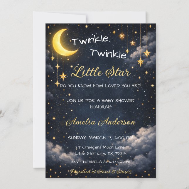 Convite Brilho Celestial Estrela Pequena Lua Baby Shower (Frente)