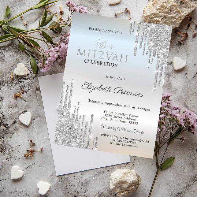 Convite Brilho Chic Gotejando Bat Mitzvah Prateado (Criador carregado)