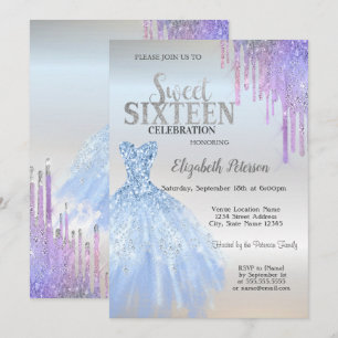 Convite Brilho Chic Gotejando, Vestido Azul Prata Sweet 16
