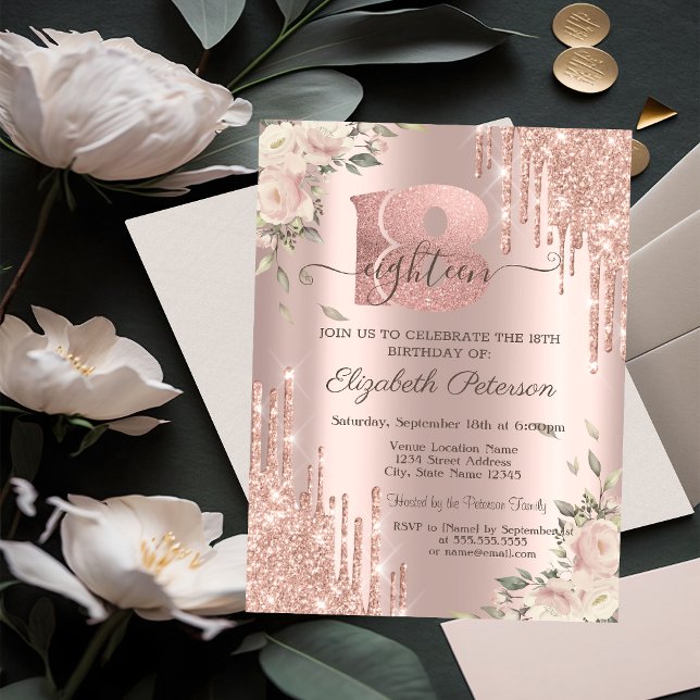 Convite Brilho Chic Gotejante, Flores Rosa Dourado Anivers (Criador carregado)
