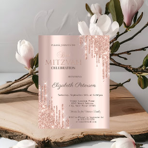 Convite Brilho Chic Gotejante Rosa Dourado Bat Mitzvah