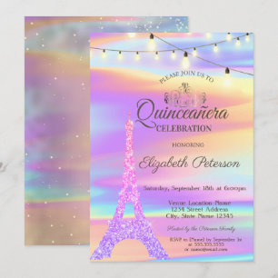 Convite Brilho Chic Torre Eiffel Holográfica Quinceañera 