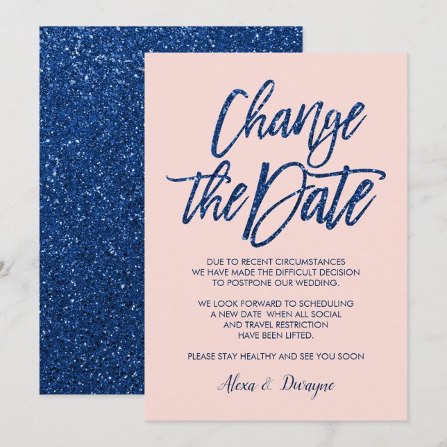 Convite Brilho Cor-de-Rosa Azul Cancelado Casamento Adiado (Frente/Verso)