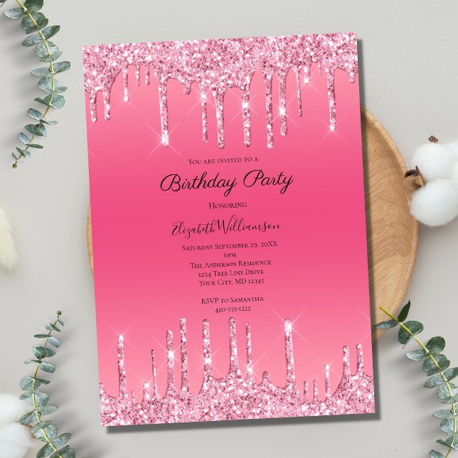 Convite Brilho Cor-de-Rosa Gotejante Glam Bling Aniversári (Criador carregado)