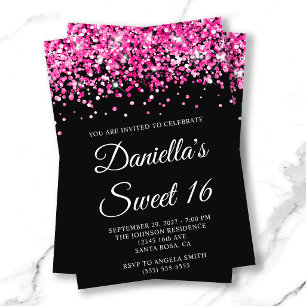 Convite Brilho Cor-de-Rosa Preto Doce 16