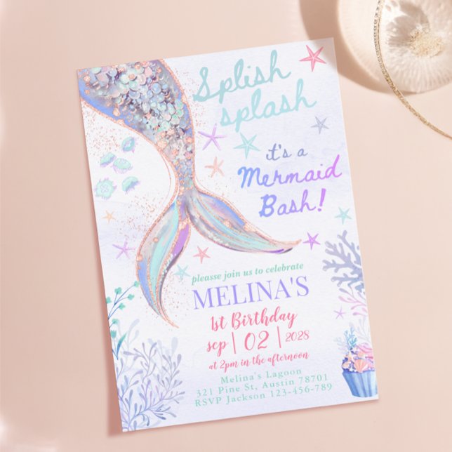 Convite Brilho da Festa de Aniversário da Sereia Splash (Splish Splash Mermaid Bash Birthday Girl Glitter Invitation)