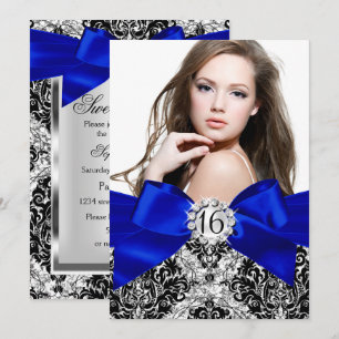 Convite Brilho Damask & Laço Azul Royal Doce 16 Foto