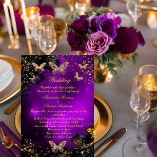 Convite Brilho de Casamento roxo Dourado Borboleta Preta