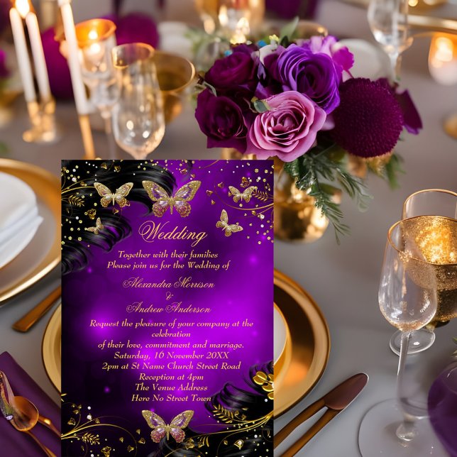 Convite Brilho de Casamento roxo Dourado Borboleta Preta (Criador carregado)