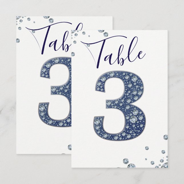 Convite Brilho de Diamantes de Denim Número da Mesa 3 TRÊS (Frente/Verso)