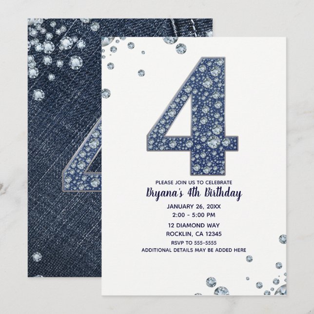 Convite Brilho de Diamantes e Jeans Sparkle 4º 4 Aniversár (Frente/Verso)