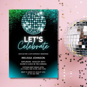 Convite Brilho de Discoteca Turquesa Vamos Celebrar Aniver