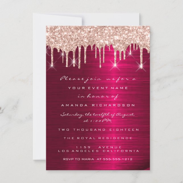 Convite Brilho de Faísca Gotas Rosa Vermelho Marsala Nupci (Frente)