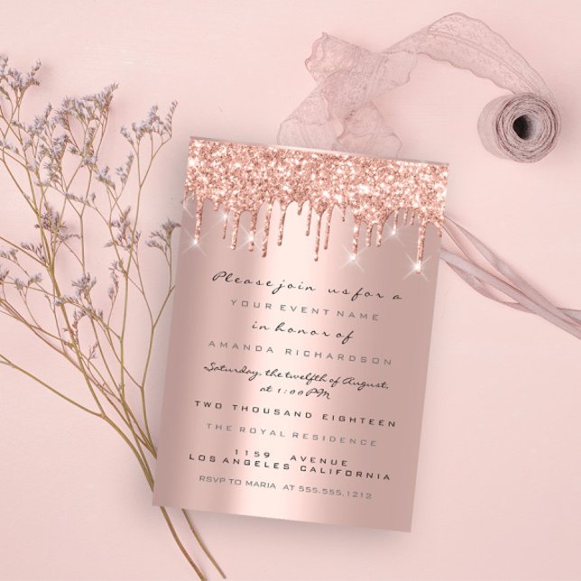 Convite Brilho de Faíscas Drips Rosa Dourado Noiva Doce 16 (Spark Glitter Drips Rose Gold Bridal Sweet 16th Invitation)
