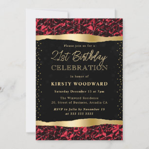 Convite Brilho de Glitter Vermelho e Dourado Aniversário d