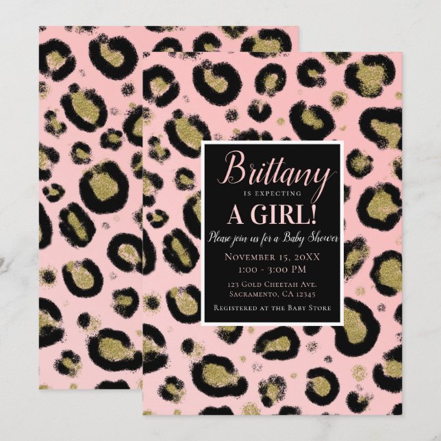Convite Brilho de Ouro Rosa e Chuveiro de Bebê Preto Leopa (Frente/Verso)
