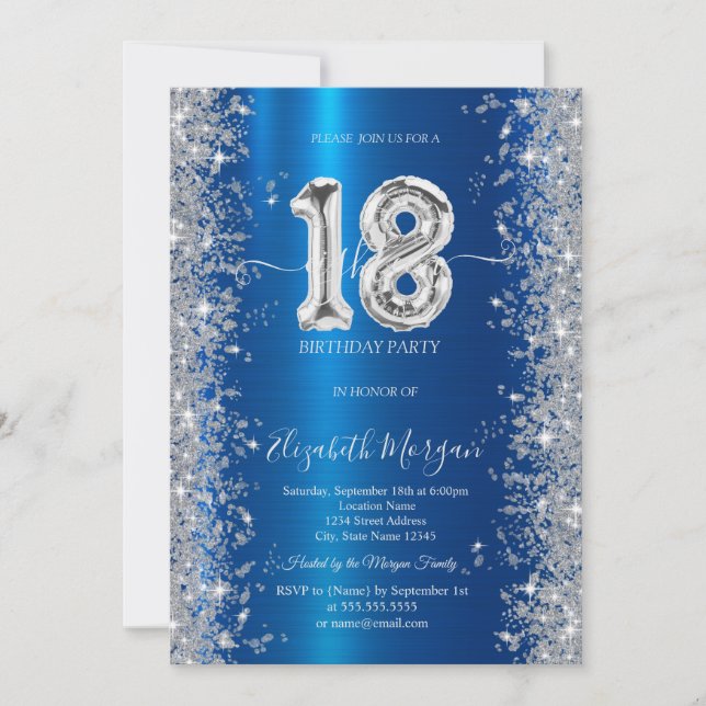 Convite Brilho de Prata Diamantes Azul Real Aniversário de (Frente)