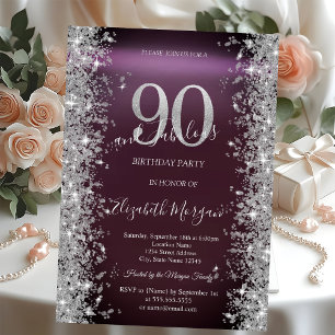 Convite Brilho de Prata Diamantes Borgonha 90º Aniversário