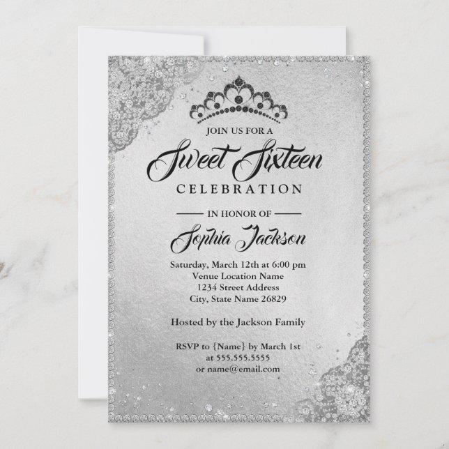 Convite Brilho de Renda de Diamante Prata Sweet Sixteen (Frente)