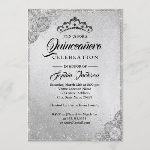 Convite Brilho de Renda de Diamante Quinceanera Prata