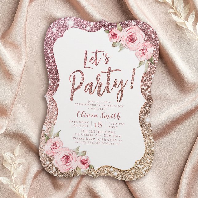 Convite brilho de rosa de vamos de festa e brilho floral (Let's party sparkle rose gold glitter and floral invitation)