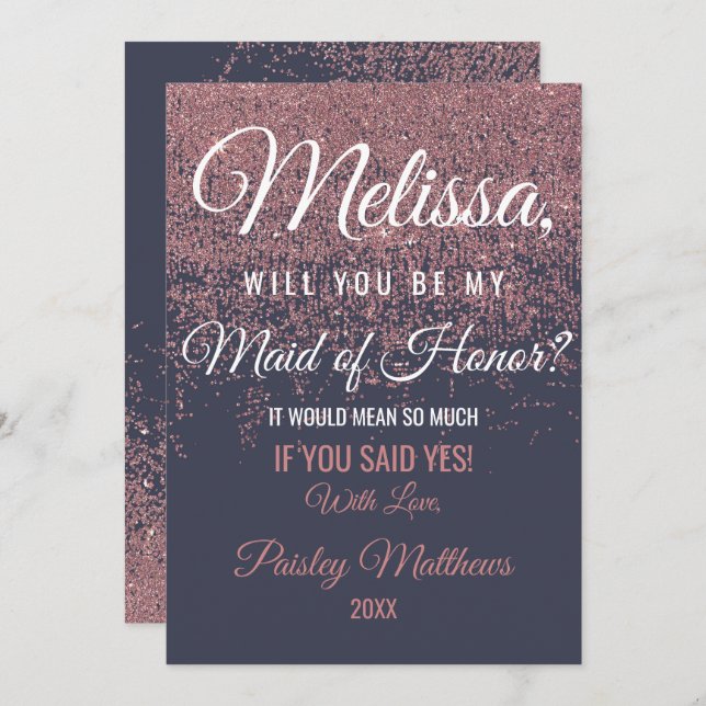 Convite Brilho de Rosa Dourado Faíscas Azul Marinho Dama d (Frente/Verso)